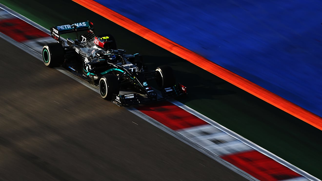 SOCHI, RUSSIA - SEPTEMBER 25: Valtteri Bottas of Finland driving the (77) Mercedes AMG Petronas F1 Team Mercedes W11 during practice ahead of the F1 Grand Prix of Russia at Sochi Autodrom on September 25, 2020 in Sochi, Russia. (Photo by Clive Mason - Formula 1/Formula 1 via Getty Images)