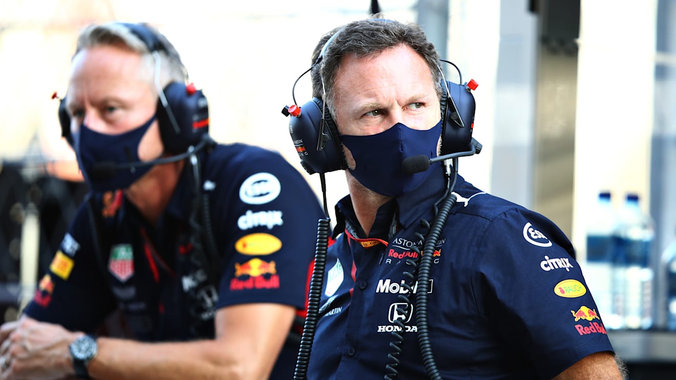 SOCHI, RUSSIA - SEPTEMBER 25: Red Bull Racing Team Principal Christian Horner and Red Bull Racing Team Manager Jonathan Wheatley looks on from the pitwall during practice ahead of the F1 Grand Prix of Russia at Sochi Autodrom on September 25, 2020 in Sochi, Russia. (Photo by Mark Thompson/Getty Images)
