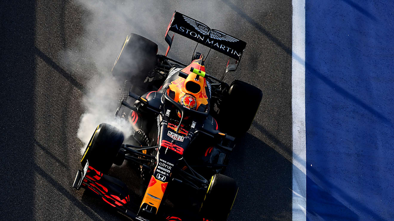 SOCHI, RUSSIA - SEPTEMBER 25: Alexander Albon of Thailand driving the (23) Aston Martin Red Bull Racing RB16 locks a wheel under braking during practice ahead of the F1 Grand Prix of Russia at Sochi Autodrom on September 25, 2020 in Sochi, Russia. (Photo by Clive Mason - Formula 1/Formula 1 via Getty Images)