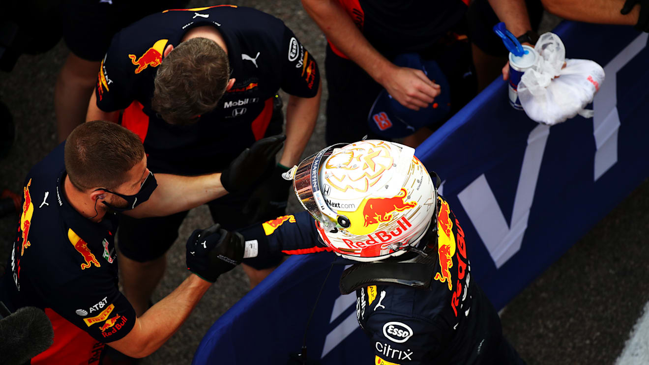 SOCHI, RUSSIA - SEPTEMBER 26: Second placed qualifier Max Verstappen of Netherlands and Red Bull Racing celebrates with teammates in parc ferme during qualifying ahead of the F1 Grand Prix of Russia at Sochi Autodrom on September 26, 2020 in Sochi, Russia. (Photo by Bryn Lennon/Getty Images)