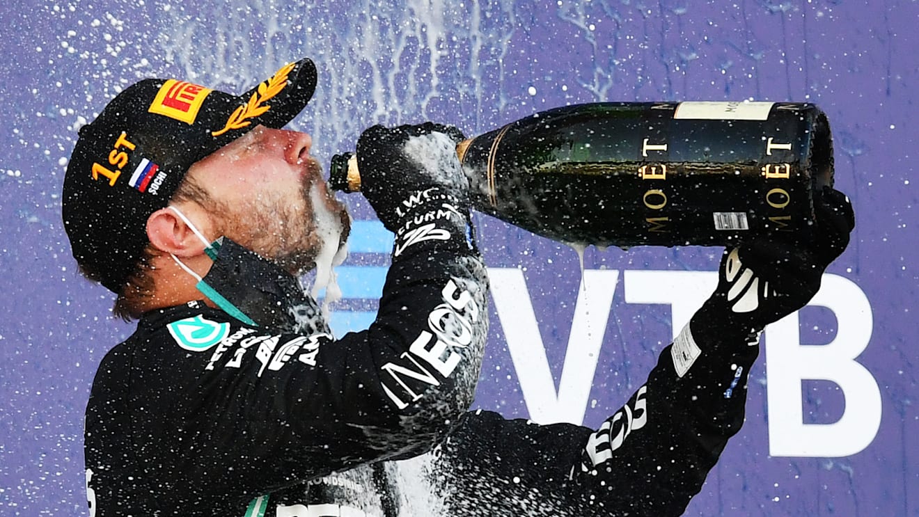 SOCHI, RUSSIA - SEPTEMBER 27: Race winner Valtteri Bottas of Finland and Mercedes GP celebrates on the podium during the F1 Grand Prix of Russia at Sochi Autodrom on September 27, 2020 in Sochi, Russia. (Photo by Dan Mullan/Getty Images)