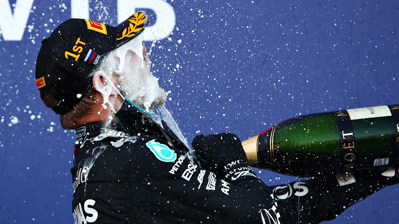 SOCHI, RUSSIA - SEPTEMBER 27: Race winner Valtteri Bottas of Finland and Mercedes GP celebrates on the podium during the F1 Grand Prix of Russia at Sochi Autodrom on September 27, 2020 in Sochi, Russia. (Photo by Mark Thompson/Getty Images)