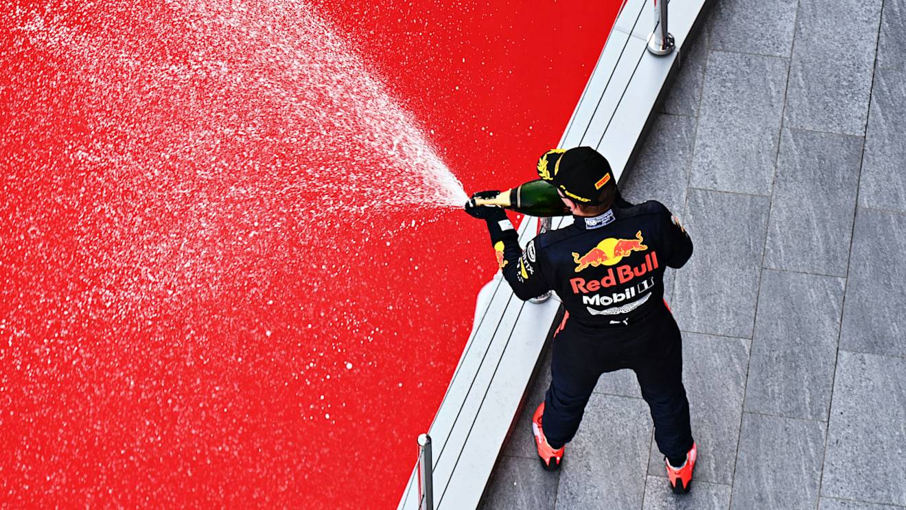 SOCHI, RUSSIA - SEPTEMBER 27: Second placed Max Verstappen of Netherlands and Red Bull Racing celebrates on the podium during the F1 Grand Prix of Russia at Sochi Autodrom on September 27, 2020 in Sochi, Russia. (Photo by Clive Mason - Formula 1/Formula 1 via Getty Images)