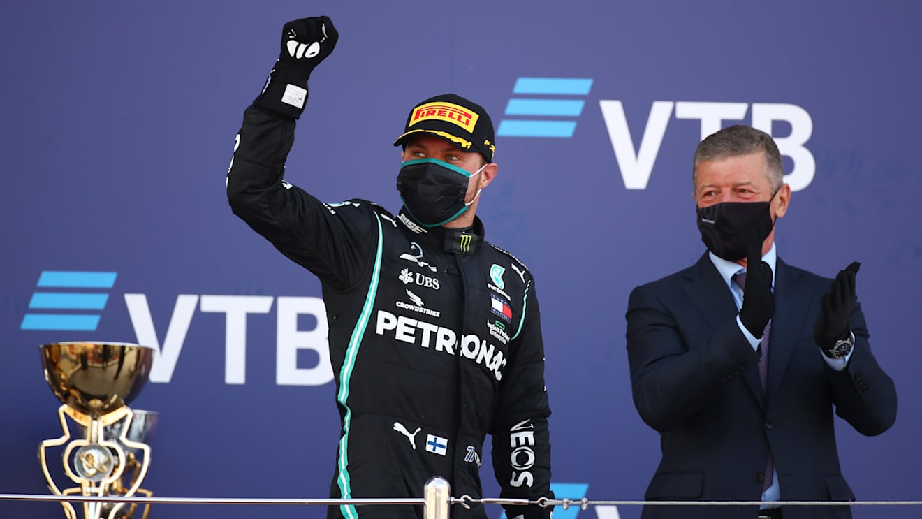 SOCHI, RUSSIA - SEPTEMBER 27: Race winner Valtteri Bottas of Finland and Mercedes GP celebrates on the podium during the F1 Grand Prix of Russia at Sochi Autodrom on September 27, 2020 in Sochi, Russia. (Photo by Bryn Lennon/Getty Images)
