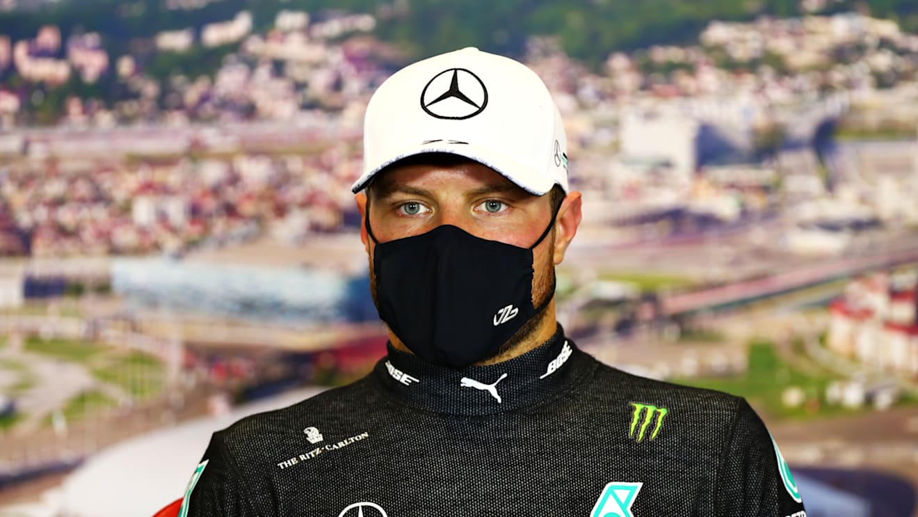 SOCHI, RUSSIA - SEPTEMBER 27: Race winner Valtteri Bottas of Finland and Mercedes GP talks in a press conference after the F1 Grand Prix of Russia at Sochi Autodrom on September 27, 2020 in Sochi, Russia. (Photo by Dan Istitene - Formula 1/Formula 1 via Getty Images)