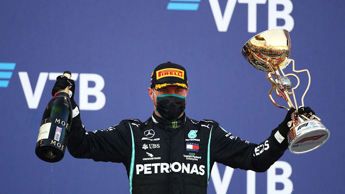 SOCHI, RUSSIA - SEPTEMBER 27: Race winner Valtteri Bottas of Finland and Mercedes GP celebrates on the podium during the F1 Grand Prix of Russia at Sochi Autodrom on September 27, 2020 in Sochi, Russia. (Photo by Bryn Lennon/Getty Images)