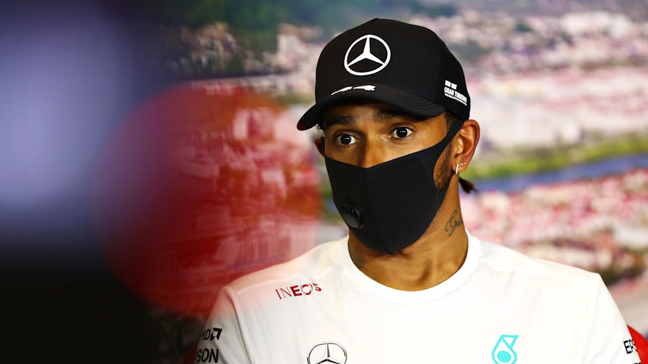 SOCHI, RUSSIA - SEPTEMBER 27: Third placed Lewis Hamilton of Great Britain and Mercedes GP talks in a press conference after the F1 Grand Prix of Russia at Sochi Autodrom on September 27, 2020 in Sochi, Russia. (Photo by Dan Istitene - Formula 1/Formula 1 via Getty Images)
