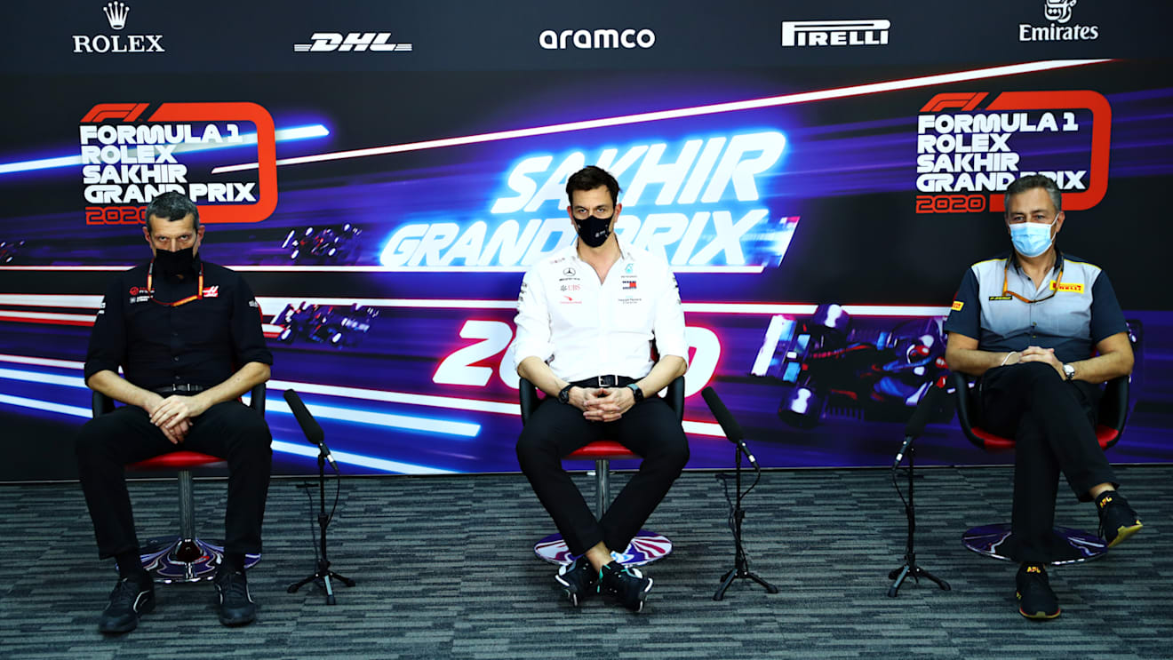 BAHRAIN, BAHRAIN - DECEMBER 04: Haas F1 Team Principal Guenther Steiner, Mercedes GP Executive Director Toto Wolff and Director of Pirelli F1 Mario Isola talk in the Team Principals Press Conference during practice ahead of the F1 Grand Prix of Sakhir at Bahrain International Circuit on December 04, 2020 in Bahrain, Bahrain. (Photo by Dan Istitene - Formula 1/Formula 1 via Getty Images)