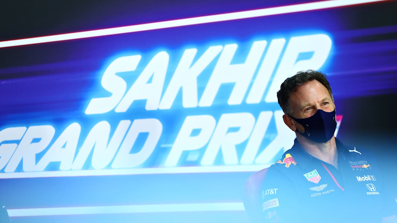 BAHRAIN, BAHRAIN - DECEMBER 04: Red Bull Racing Team Principal Christian Horner talks in the Team Principals Press Conference during practice ahead of the F1 Grand Prix of Sakhir at Bahrain International Circuit on December 04, 2020 in Bahrain, Bahrain. (Photo by Dan Istitene - Formula 1/Formula 1 via Getty Images)