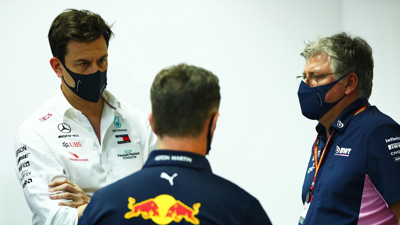 BAHRAIN, BAHRAIN - DECEMBER 04: Mercedes GP Executive Director Toto Wolff, Red Bull Racing Team Principal Christian Horner, and Otmar Szafnauer, Team Principal and Chief Executive Officer of Racing Point talk before the Team Principals Press Conference during practice ahead of the F1 Grand Prix of Sakhir at Bahrain International Circuit on December 04, 2020 in Bahrain, Bahrain. (Photo by Dan Istitene - Formula 1/Formula 1 via Getty Images)