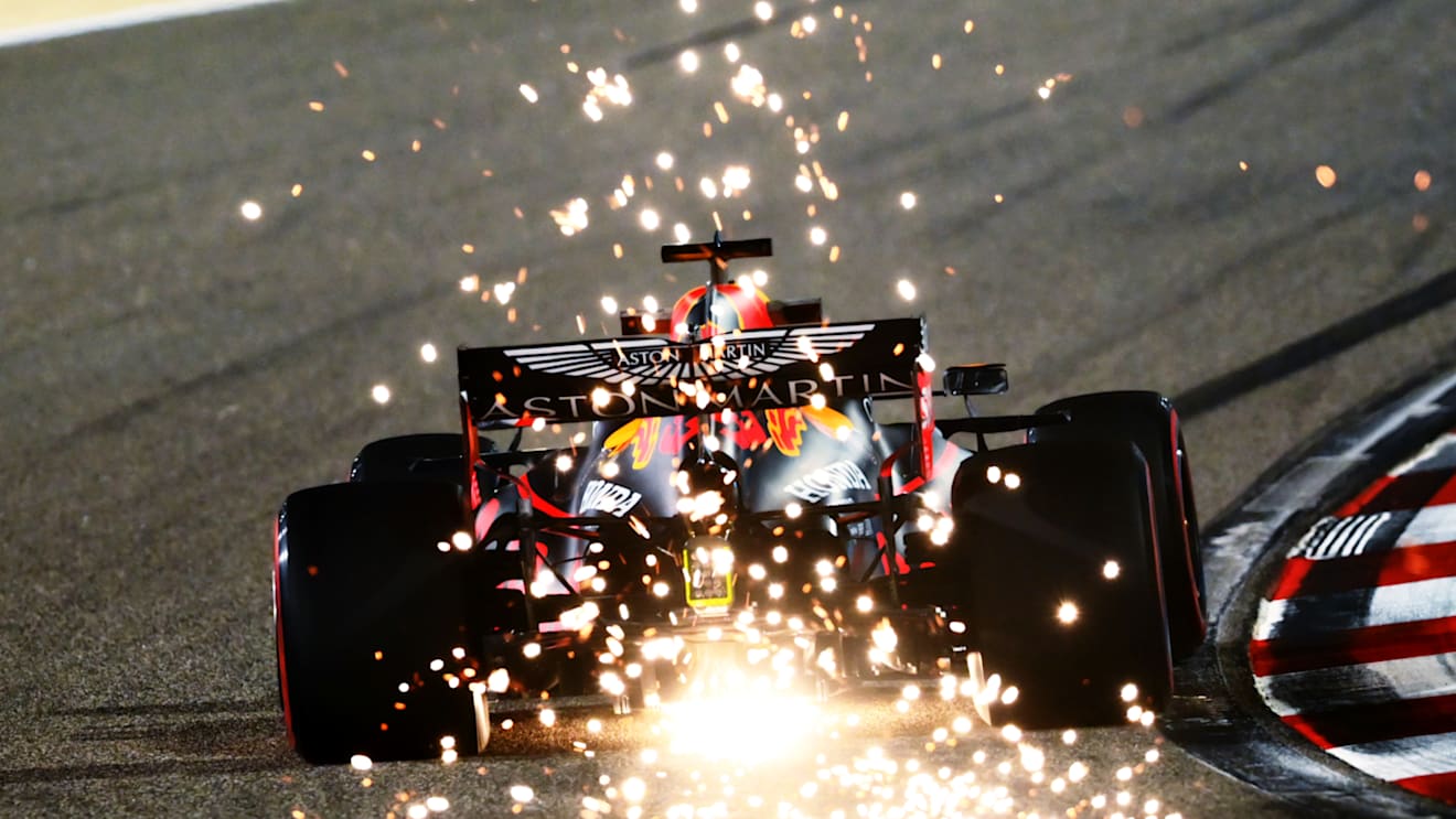BAHRAIN, BAHRAIN - DECEMBER 04: Sparks fly behind Max Verstappen of the Netherlands driving the (33) Aston Martin Red Bull Racing RB16 during practice ahead of the F1 Grand Prix of Sakhir at Bahrain International Circuit on December 04, 2020 in Bahrain, Bahrain. (Photo by Clive Mason - Formula 1/Formula 1 via Getty Images)