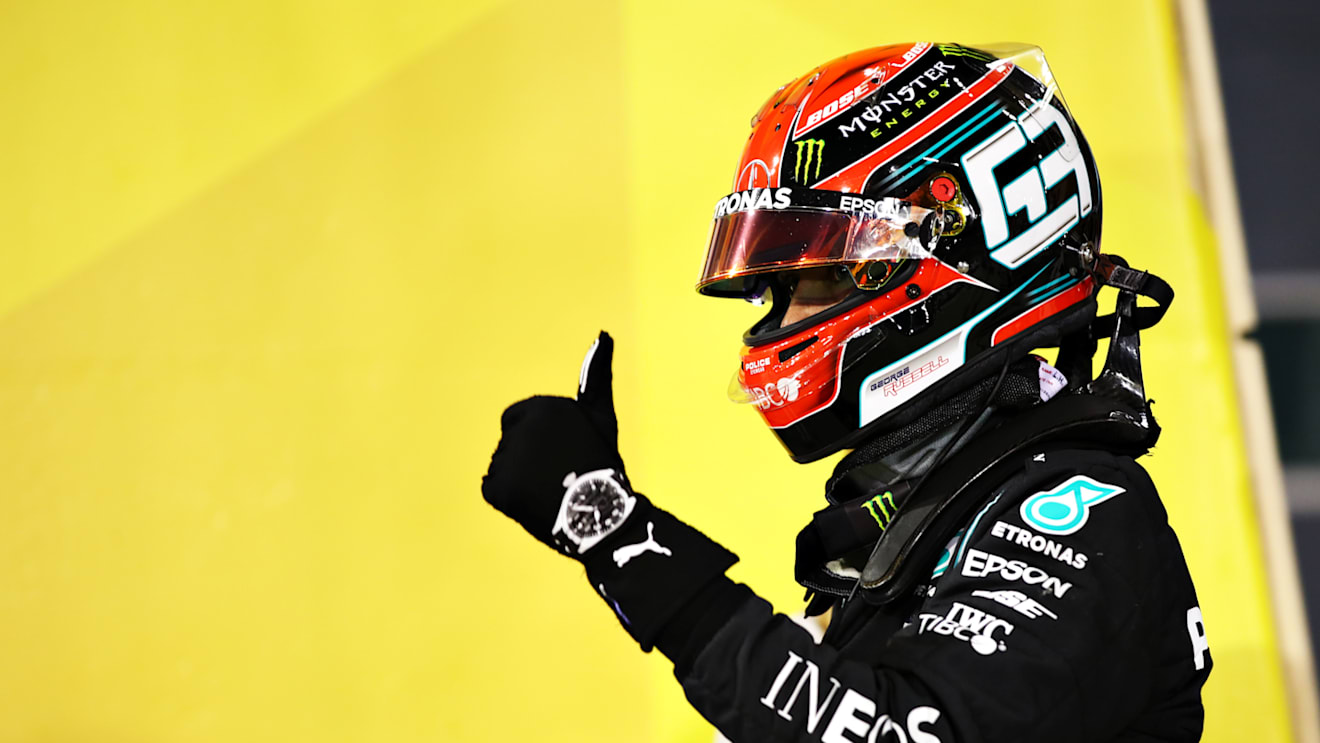 BAHRAIN, BAHRAIN - DECEMBER 05: Second place qualifier George Russell of Great Britain and Mercedes GP gives a thumbs up in parc ferme during qualifying ahead of the F1 Grand Prix of Sakhir at Bahrain International Circuit on December 05, 2020 in Bahrain, Bahrain. (Photo by Mark Thompson/Getty Images)