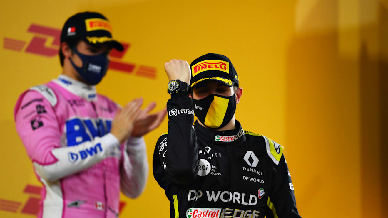 BAHRAIN, BAHRAIN - DECEMBER 06: Second placed Esteban Ocon of France and Renault Sport F1 celebrates on the podium during the F1 Grand Prix of Sakhir at Bahrain International Circuit on December 06, 2020 in Bahrain, Bahrain. (Photo by Clive Mason - Formula 1/Formula 1 via Getty Images)