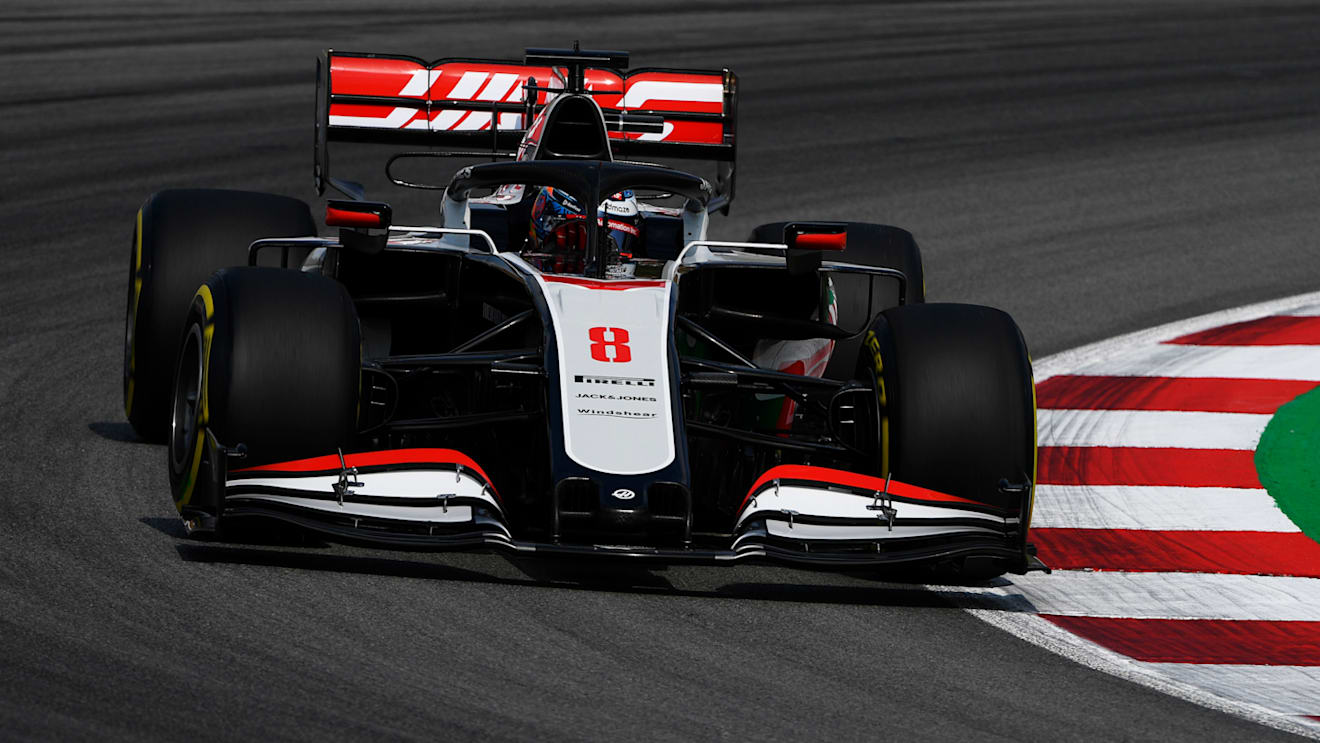 BARCELONA, SPAIN - AUGUST 14: Romain Grosjean of France driving the (8) Haas F1 Team VF-20 Ferrari on track during practice for the F1 Grand Prix of Spain at Circuit de Barcelona-Catalunya on August 14, 2020 in Barcelona, Spain. (Photo by Rudy Carezzevoli/Getty Images)