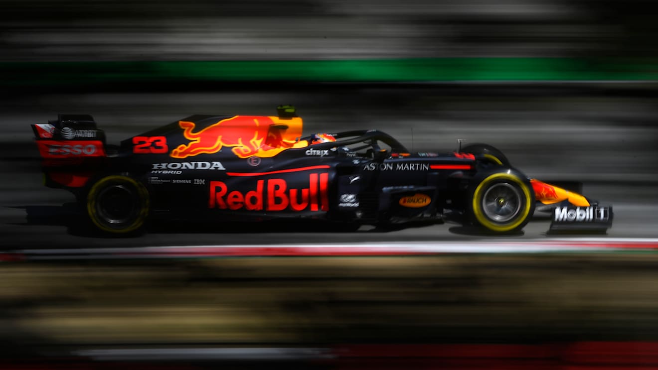BARCELONA, SPAIN - AUGUST 14: Alexander Albon of Thailand driving the (23) Aston Martin Red Bull Racing RB16 on track during practice for the F1 Grand Prix of Spain at Circuit de Barcelona-Catalunya on August 14, 2020 in Barcelona, Spain. (Photo by Rudy Carezzevoli/Getty Images)