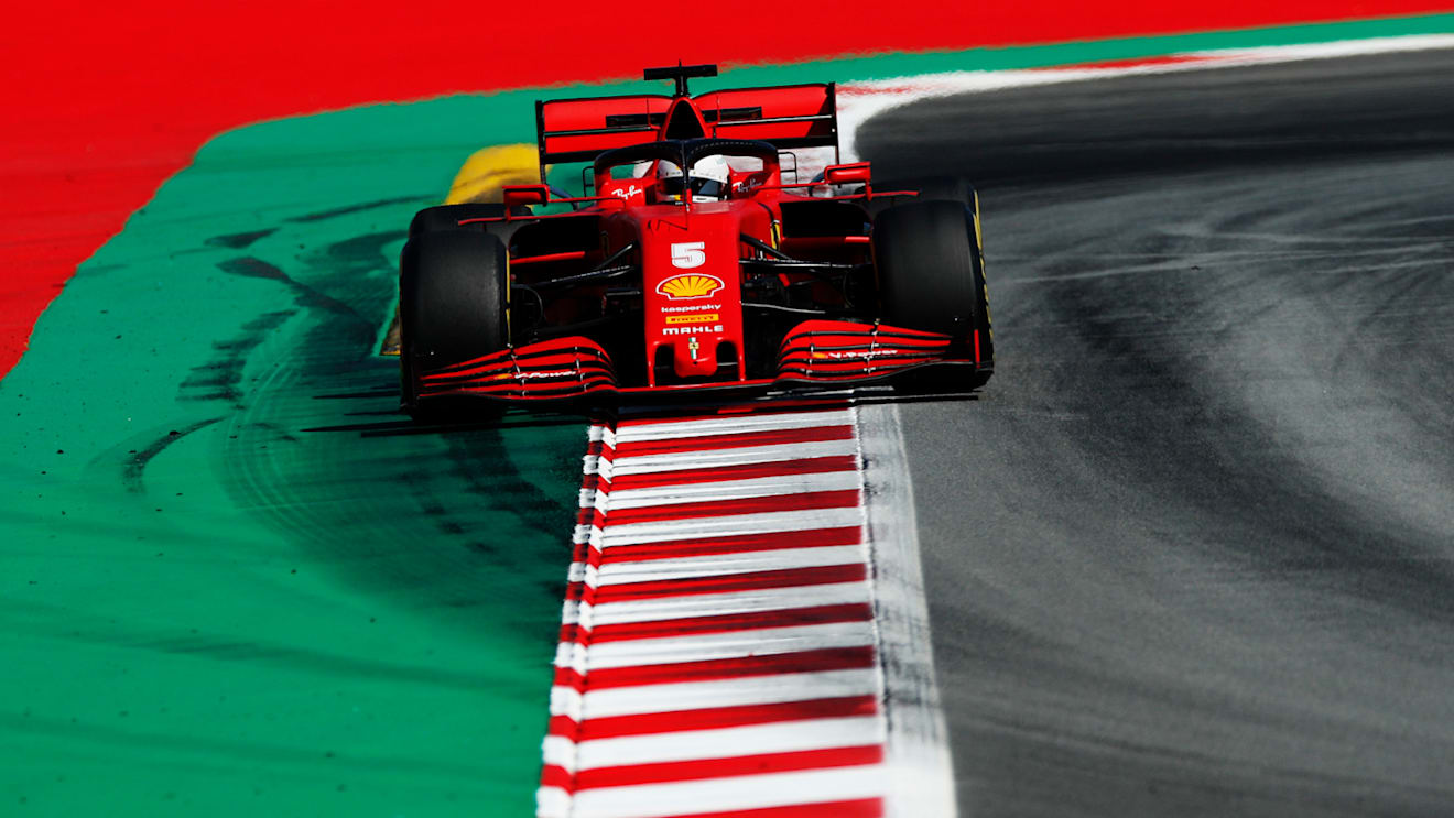 BARCELONA, SPAIN - AUGUST 14: Sebastian Vettel of Germany driving the (5) Scuderia Ferrari SF1000 on track during practice for the F1 Grand Prix of Spain at Circuit de Barcelona-Catalunya on August 14, 2020 in Barcelona, Spain. (Photo by Albert Gea/Pool via Getty Images)