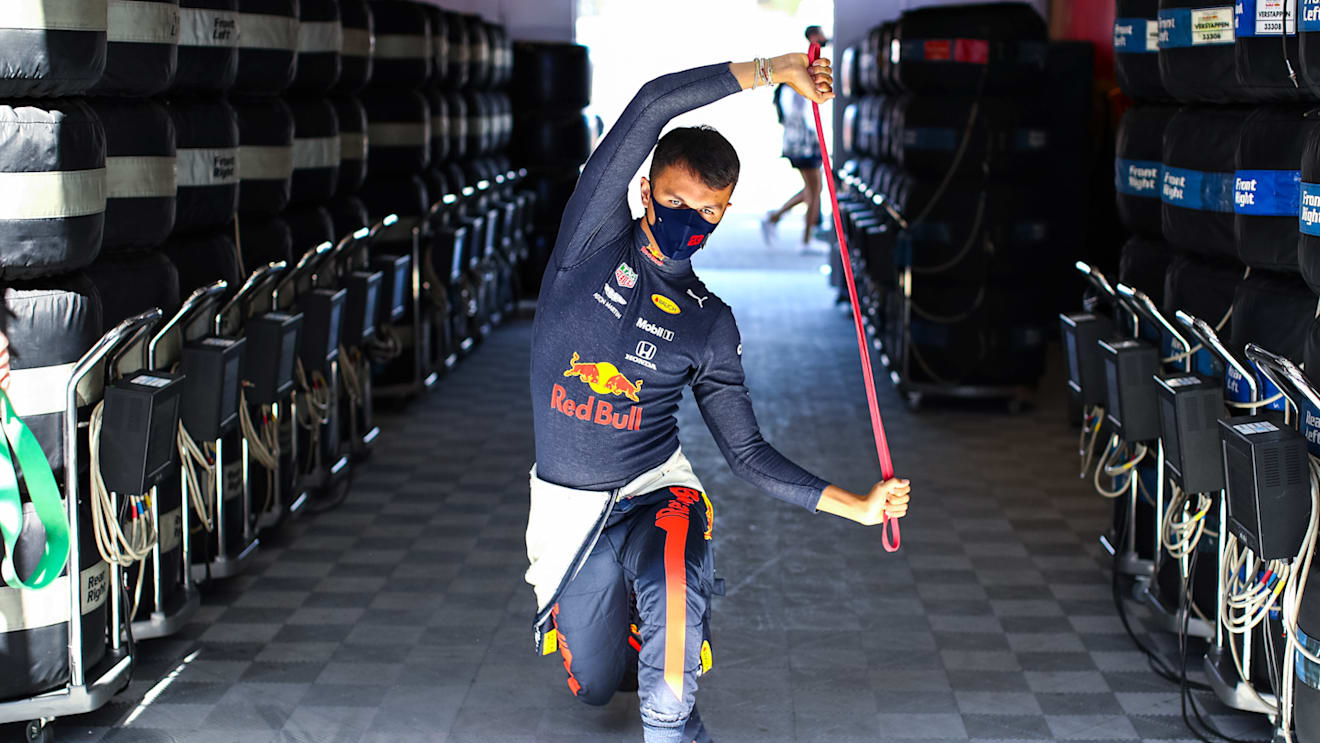 BARCELONA, SPAIN - AUGUST 15: Alexander Albon of Thailand and Red Bull Racing warms up before final practice for the F1 Grand Prix of Spain at Circuit de Barcelona-Catalunya on August 15, 2020 in Barcelona, Spain. (Photo by Mark Thompson/Getty Images)