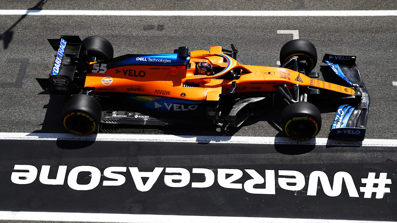 BARCELONA, SPAIN - AUGUST 15: Carlos Sainz of Spain driving the (55) McLaren F1 Team MCL35 Renault in the pit lane during final practice for the F1 Grand Prix of Spain at Circuit de Barcelona-Catalunya on August 15, 2020 in Barcelona, Spain. (Photo by Mark Thompson/Getty Images)