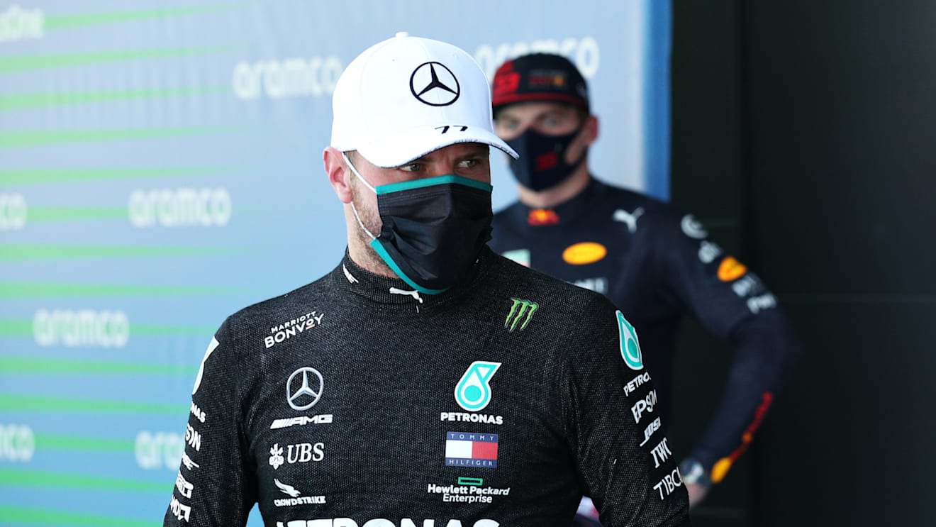 BARCELONA, SPAIN - AUGUST 15: Second placed qualifier Valtteri Bottas of Finland and Mercedes GP looks on during qualifying for the F1 Grand Prix of Spain at Circuit de Barcelona-Catalunya on August 15, 2020 in Barcelona, Spain. (Photo by Albert Gea/Pool via Getty Images)
