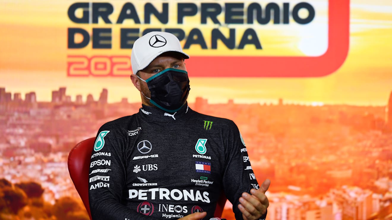 BARCELONA, SPAIN - AUGUST 15: Second placed qualifier Valtteri Bottas of Finland and Mercedes GP talks in the Drivers Press Conference after qualifying for the F1 Grand Prix of Spain at Circuit de Barcelona-Catalunya on August 15, 2020 in Barcelona, Spain. (Photo by Rudy Carezzevoli/Getty Images)