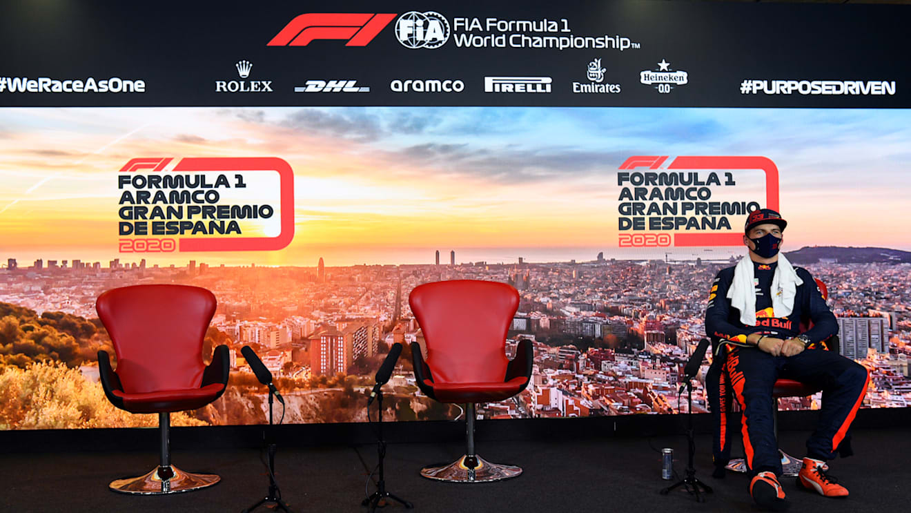 BARCELONA, SPAIN - AUGUST 15: Third placed qualifier Max Verstappen of Netherlands and Red Bull Racing talks in the Drivers Press Conference after qualifying for the F1 Grand Prix of Spain at Circuit de Barcelona-Catalunya on August 15, 2020 in Barcelona, Spain. (Photo by Rudy Carezzevoli/Getty Images)