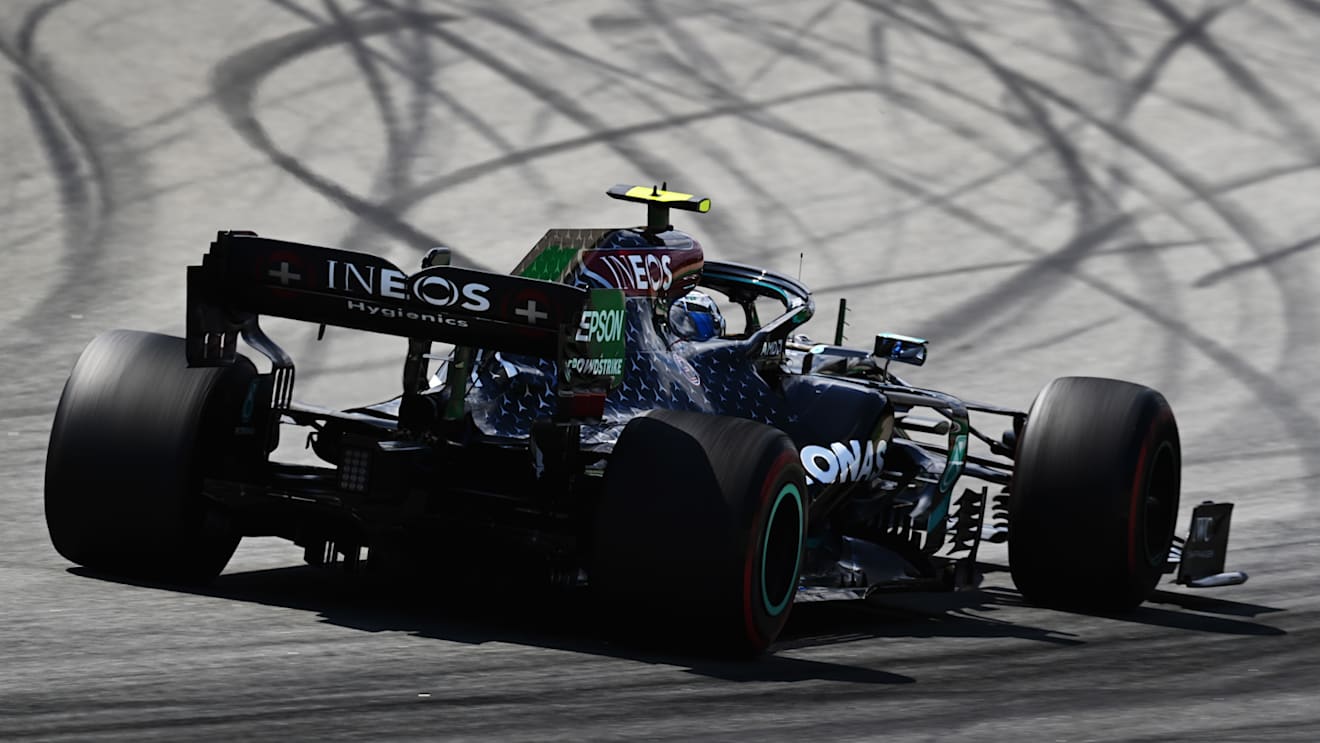 BARCELONA, SPAIN - AUGUST 16: Valtteri Bottas of Finland driving the (77) Mercedes AMG Petronas F1 Team Mercedes W11 on track during the F1 Grand Prix of Spain at Circuit de Barcelona-Catalunya on August 16, 2020 in Barcelona, Spain. (Photo by Clive Mason - Formula 1/Formula 1 via Getty Images)