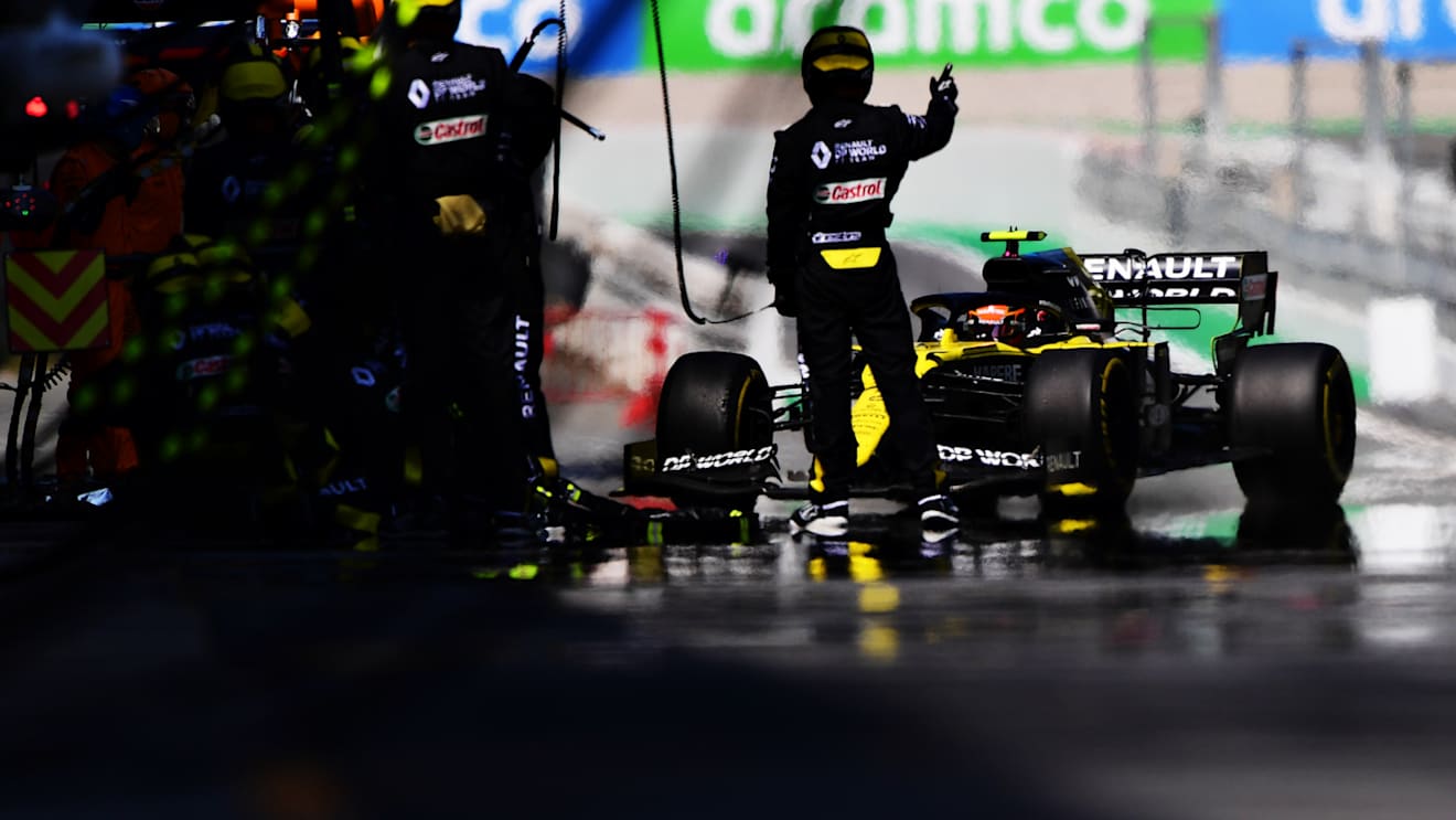 BARCELONA, SPAIN - AUGUST 16: Esteban Ocon of France driving the (31) Renault Sport Formula One Team RS20 comes into the Pitlane during the F1 Grand Prix of Spain at Circuit de Barcelona-Catalunya on August 16, 2020 in Barcelona, Spain. (Photo by Mario Renzi - Formula 1/Formula 1 via Getty Images)