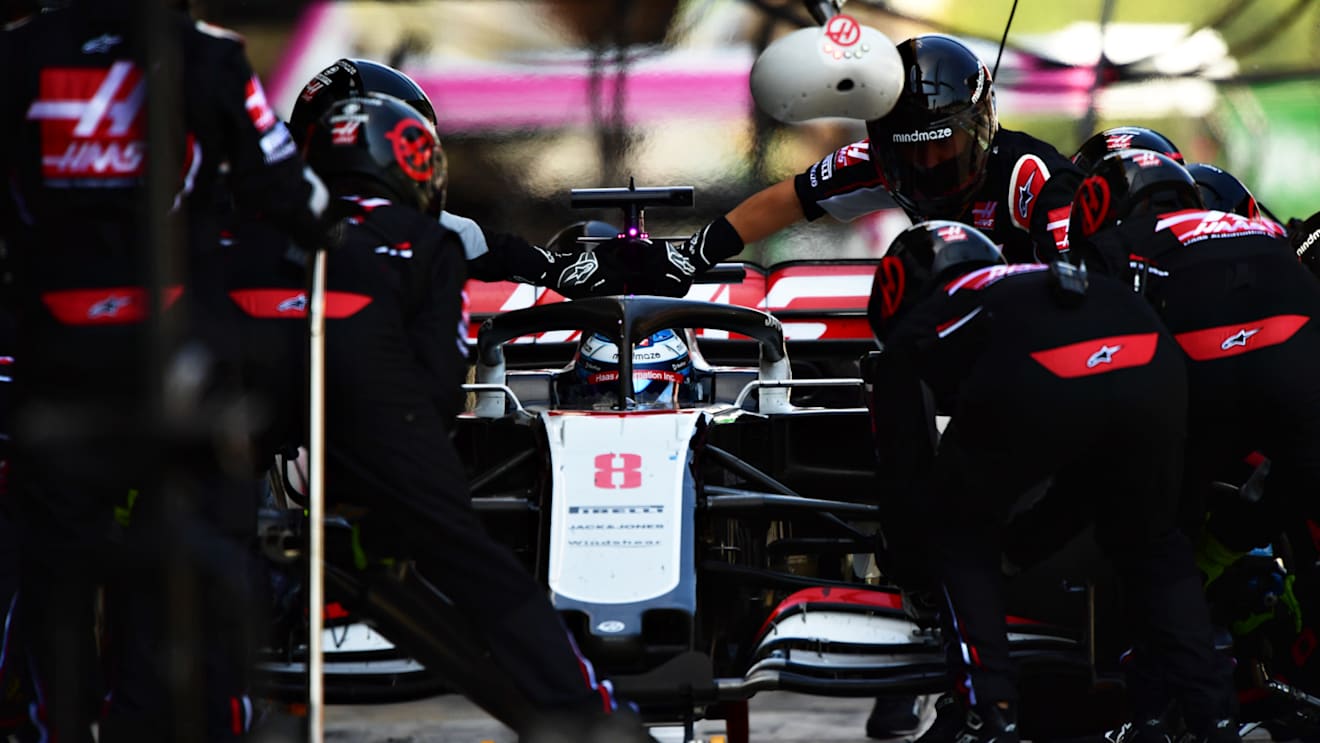BARCELONA, SPAIN - AUGUST 16: Romain Grosjean of France driving the (8) Haas F1 Team VF-20 Ferrari in the Pitlane during the F1 Grand Prix of Spain at Circuit de Barcelona-Catalunya on August 16, 2020 in Barcelona, Spain. (Photo by Mario Renzi - Formula 1/Formula 1 via Getty Images)