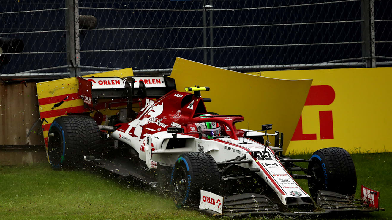 SPIELBERG, AUSTRIA - JULY 11: Antonio Giovinazzi of Italy driving the (99) Alfa Romeo Racing C39 Ferrari crashes during qualifying for the Formula One Grand Prix of Styria at Red Bull Ring on July 11, 2020 in Spielberg, Austria. (Photo by Bryn Lennon/Getty Images)