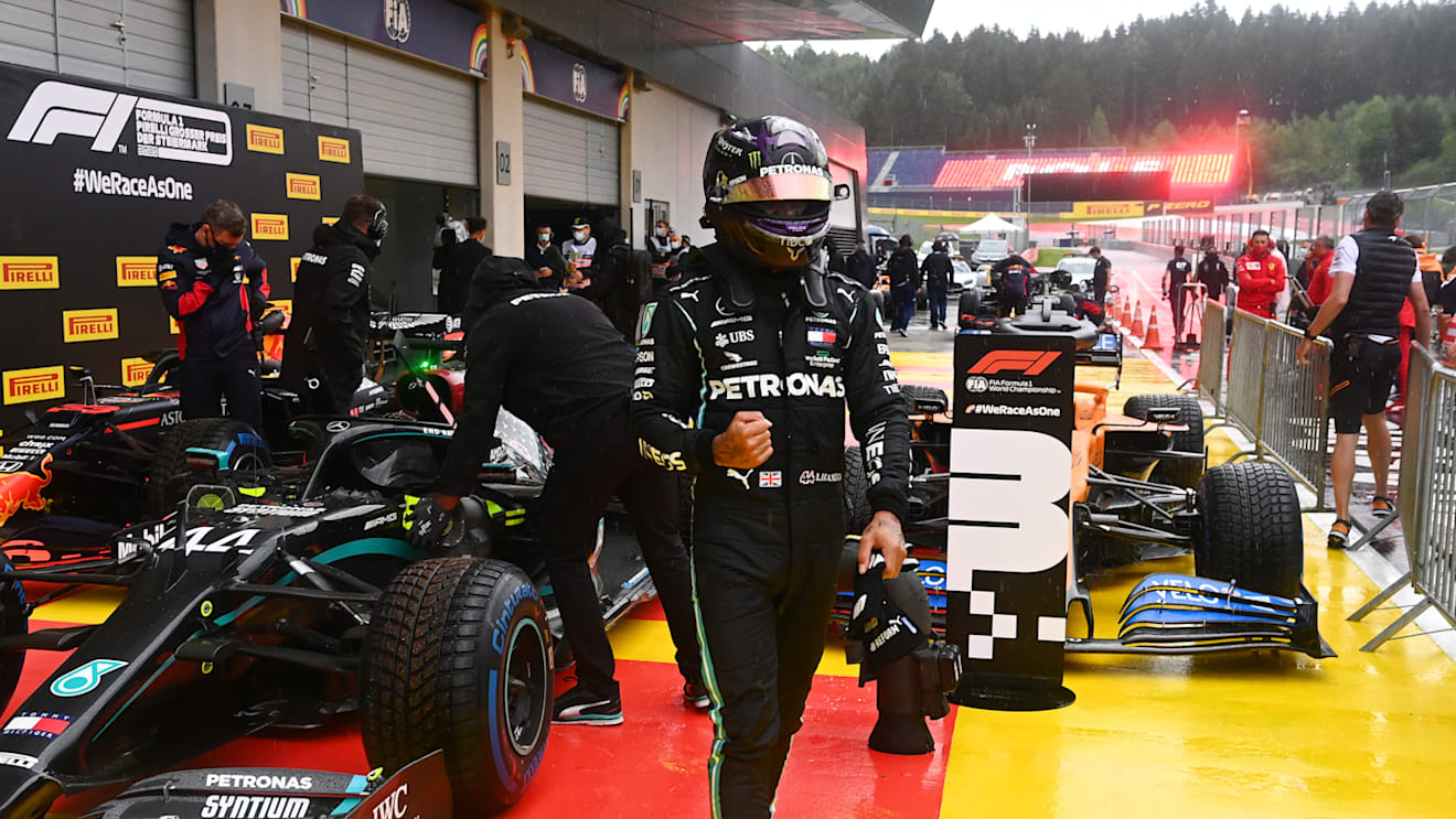 SPIELBERG, AUSTRIA - JULY 11: Pole position qualifier Lewis Hamilton of Great Britain and Mercedes GP celebrates in parc ferme during qualifying for the Formula One Grand Prix of Styria at Red Bull Ring on July 11, 2020 in Spielberg, Austria. (Photo by Joe Klamar/Pool via Getty Images)