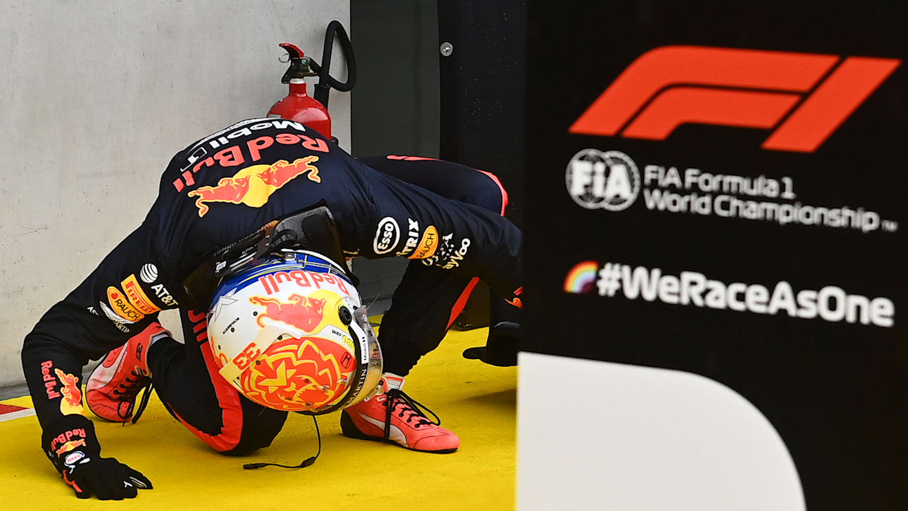 SPIELBERG, AUSTRIA - JULY 11: Second placed qualifier Max Verstappen of Netherlands and Red Bull Racing inspects his front wing in parc ferme during qualifying for the Formula One Grand Prix of Styria at Red Bull Ring on July 11, 2020 in Spielberg, Austria. (Photo by Joe Klamar/Pool via Getty Images)