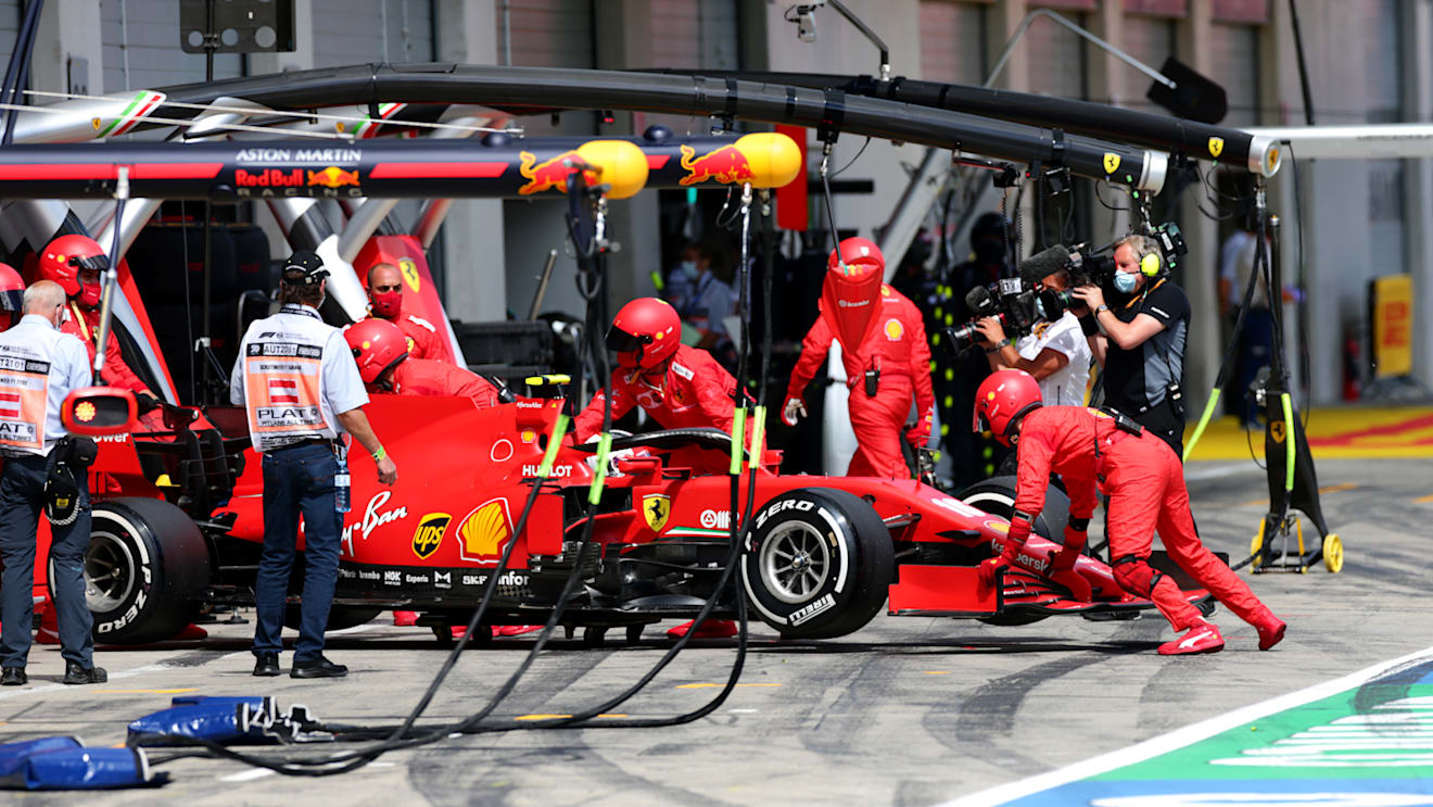SPIELBERG, AUSTRIA - JULY 12: Charles Leclerc of Monaco driving the (16) Scuderia Ferrari SF1000 retires during the Formula One Grand Prix of Styria at Red Bull Ring on July 12, 2020 in Spielberg, Austria. (Photo by Peter Fox/Getty Images)