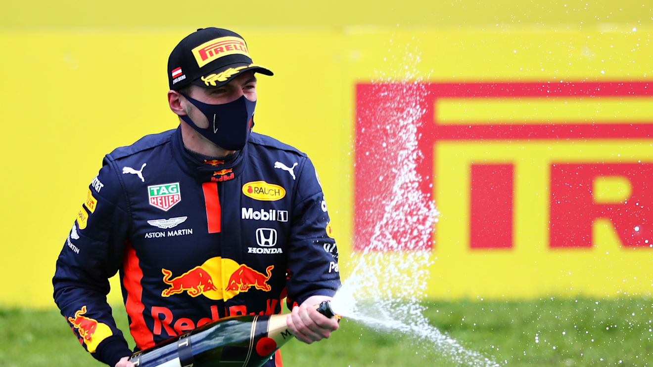 SPIELBERG, AUSTRIA - JULY 12: Third placed Max Verstappen of Netherlands and Red Bull Racing celebrates on the podium during the Formula One Grand Prix of Styria at Red Bull Ring on July 12, 2020 in Spielberg, Austria. (Photo by Getty Images/Getty Images)