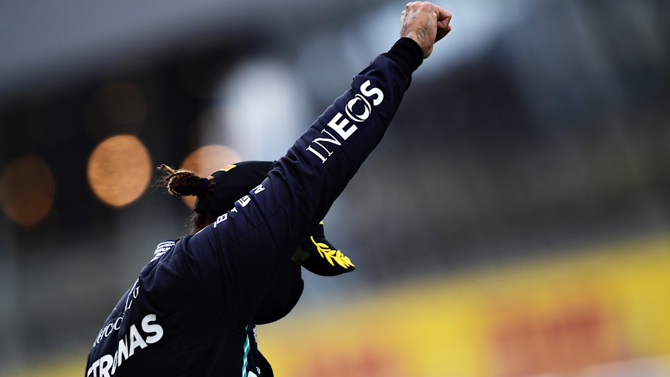 SPIELBERG, AUSTRIA - JULY 12: Race winner Lewis Hamilton of Great Britain and Mercedes GP celebrates on the podium during the Formula One Grand Prix of Styria at Red Bull Ring on July 12, 2020 in Spielberg, Austria. (Photo by Mario Renzi - Formula 1/Formula 1 via Getty Images)