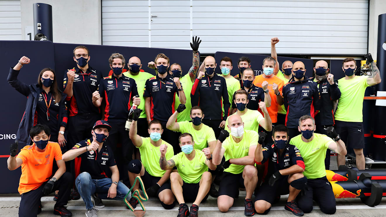 SPIELBERG, AUSTRIA - JULY 12: Third placed Max Verstappen of Netherlands and Red Bull Racing and his team celebrate during the Formula One Grand Prix of Styria at Red Bull Ring on July 12, 2020 in Spielberg, Austria. (Photo by Getty Images/Getty Images)