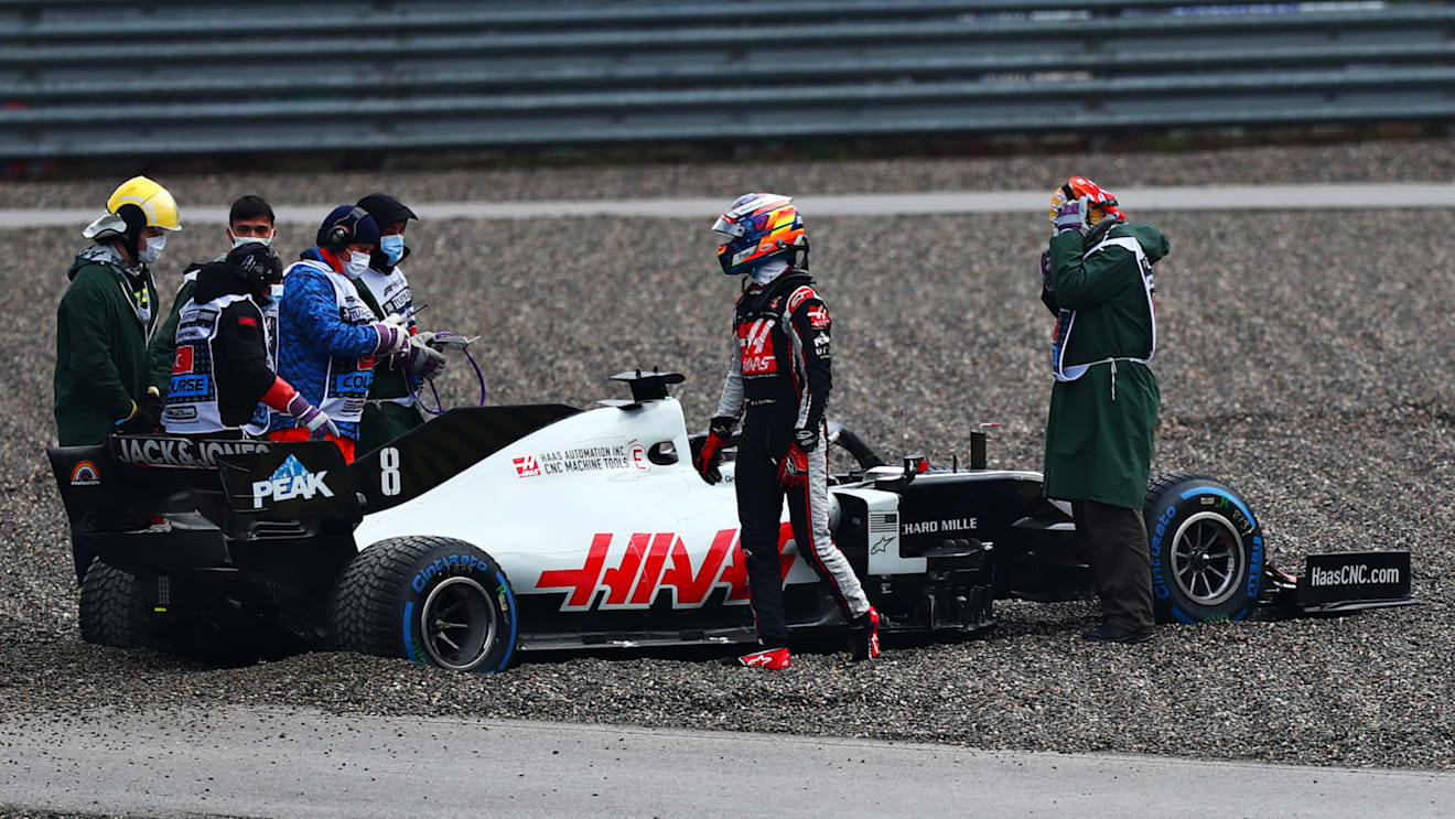 ISTANBUL, TURKEY - NOVEMBER 14: Romain Grosjean of France driving the (8) Haas F1 Team VF-20 Ferrari stops in the gravel during qualifying ahead of the F1 Grand Prix of Turkey at Intercity Istanbul Park on November 14, 2020 in Istanbul, Turkey. (Photo by Dan Istitene - Formula 1/Formula 1 via Getty Images)