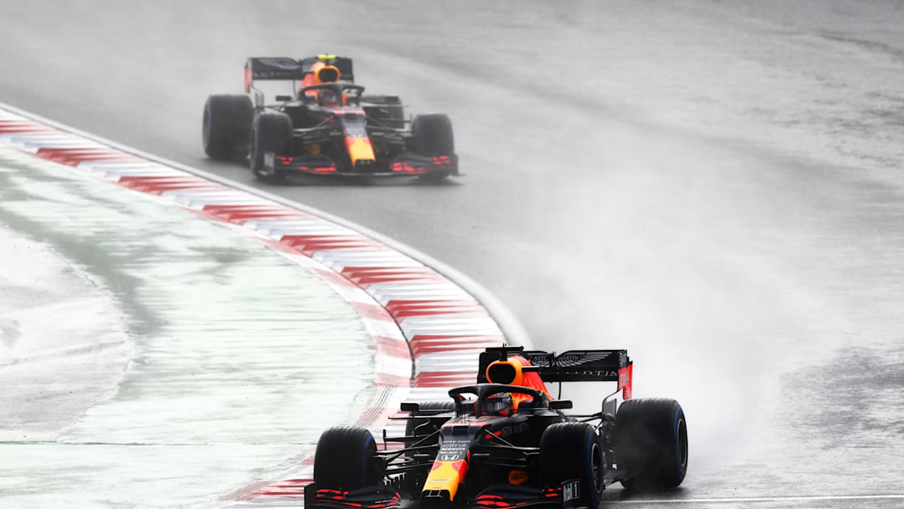 ISTANBUL, TURKEY - NOVEMBER 15: Max Verstappen of the Netherlands driving the (33) Aston Martin Red Bull Racing RB16 leads Alexander Albon of Thailand driving the (23) Aston Martin Red Bull Racing RB16 during the F1 Grand Prix of Turkey at Intercity Istanbul Park on November 15, 2020 in Istanbul, Turkey. (Photo by Clive Mason/Getty Images)
