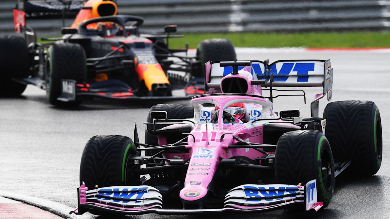 ISTANBUL, TURKEY - NOVEMBER 15: Sergio Perez of Mexico driving the (11) Racing Point RP20 Mercedes leads Alexander Albon of Thailand driving the (23) Aston Martin Red Bull Racing RB16 during the F1 Grand Prix of Turkey at Intercity Istanbul Park on November 15, 2020 in Istanbul, Turkey. (Photo by Clive Mason/Getty Images)