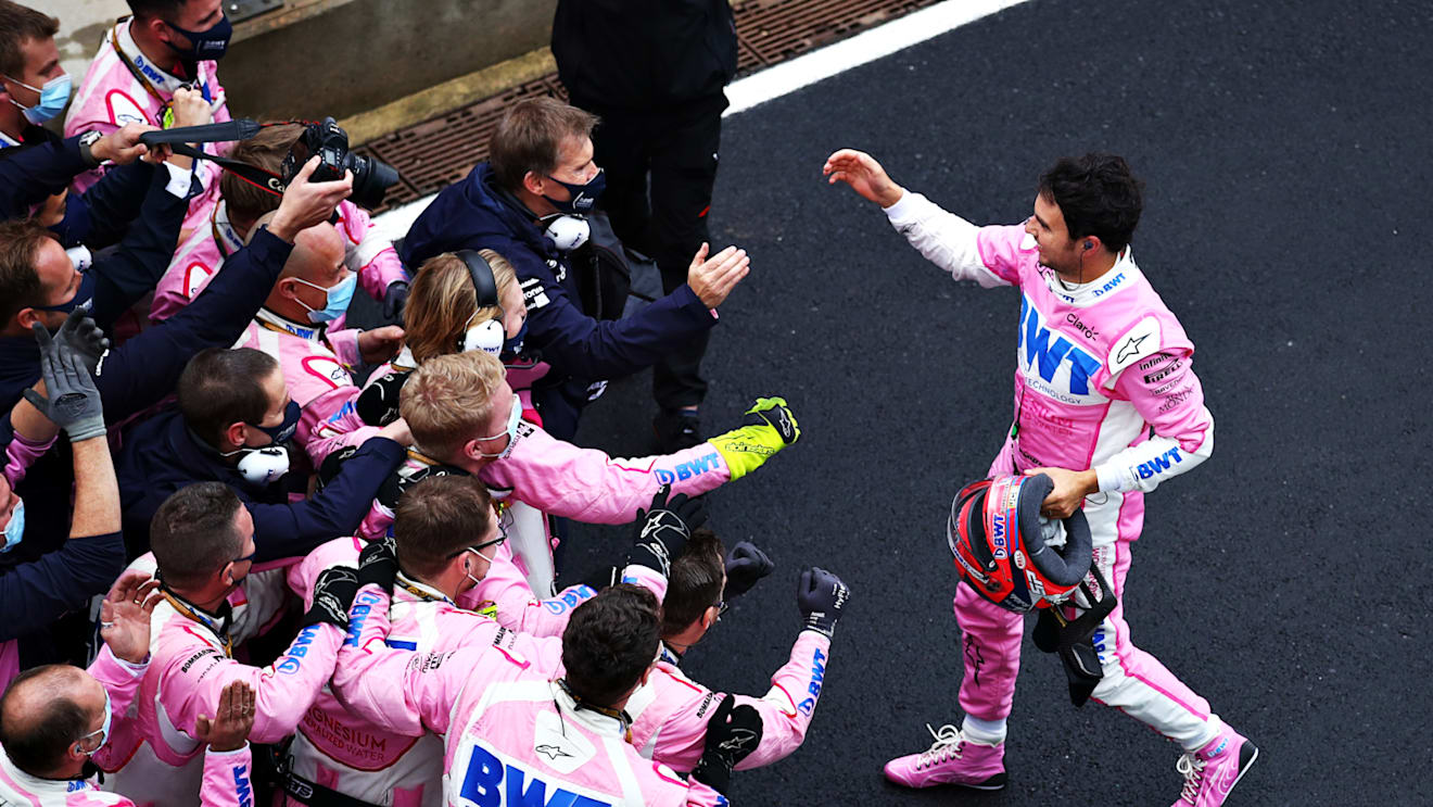 ISTANBUL, TURKEY - NOVEMBER 15: Second placed Sergio Perez of Mexico and Racing Point celebrates with his team in parc ferme during the F1 Grand Prix of Turkey at Intercity Istanbul Park on November 15, 2020 in Istanbul, Turkey. (Photo by Bryn Lennon/Getty Images)