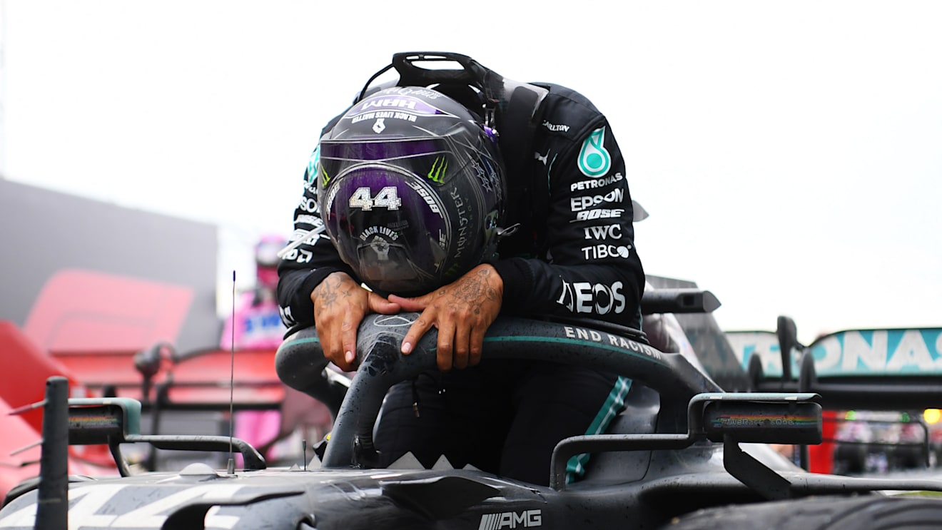 ISTANBUL, TURKEY - NOVEMBER 15: Race winner Lewis Hamilton of Great Britain and Mercedes GP celebrates winning a 7th F1 World Drivers Championship in parc ferme during the F1 Grand Prix of Turkey at Intercity Istanbul Park on November 15, 2020 in Istanbul, Turkey. (Photo by Clive Mason/Getty Images)