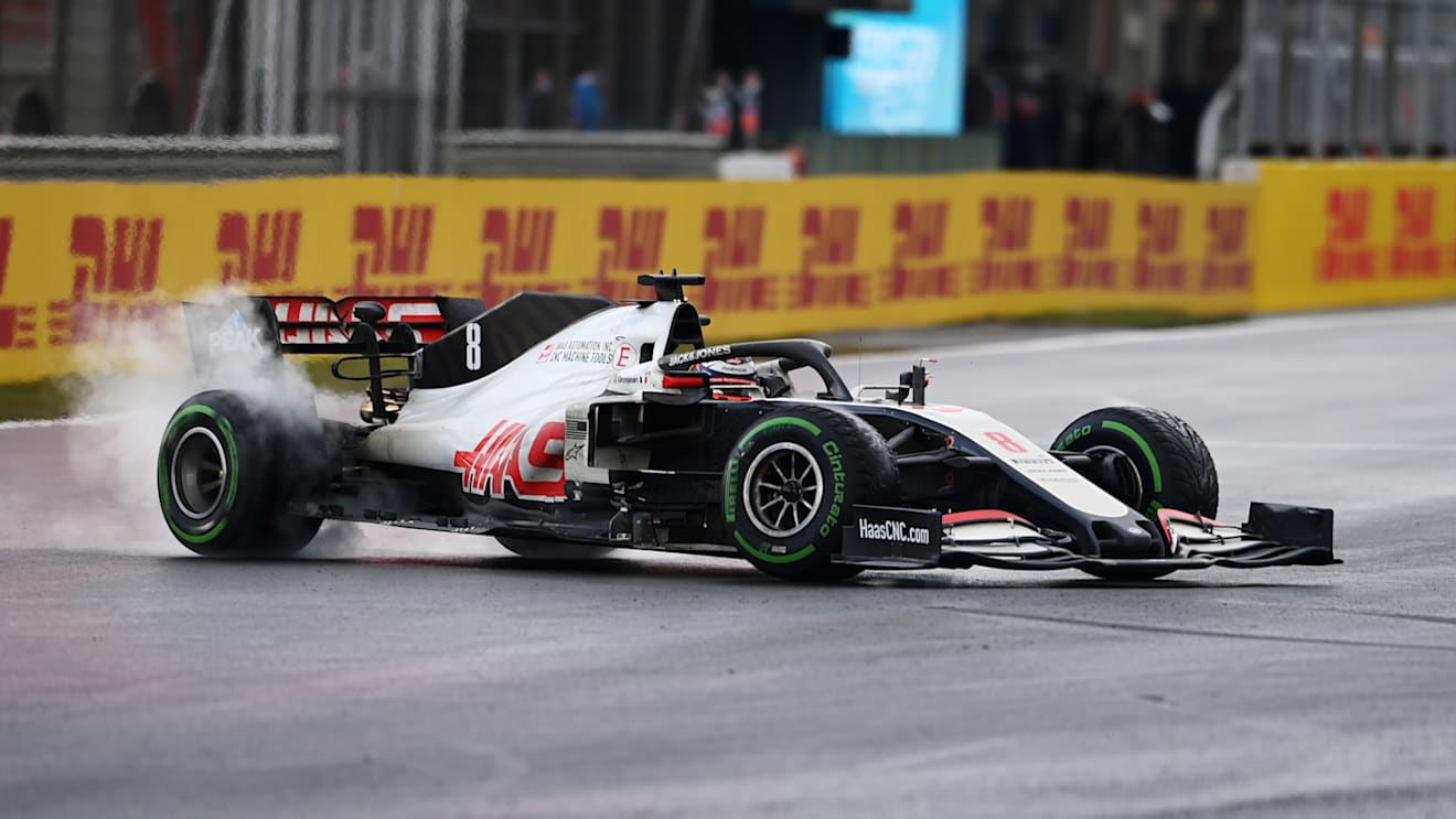 ISTANBUL, TURKEY - NOVEMBER 15: Romain Grosjean of France driving the (8) Haas F1 Team VF-20 Ferrari spins during the F1 Grand Prix of Turkey at Intercity Istanbul Park on November 15, 2020 in Istanbul, Turkey. (Photo by Ozan Kose - Pool/Getty Images)