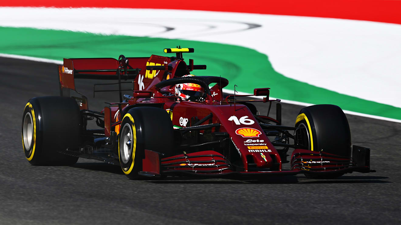 Charles Leclerc on track during FP1 in the retro-liveried Ferrari