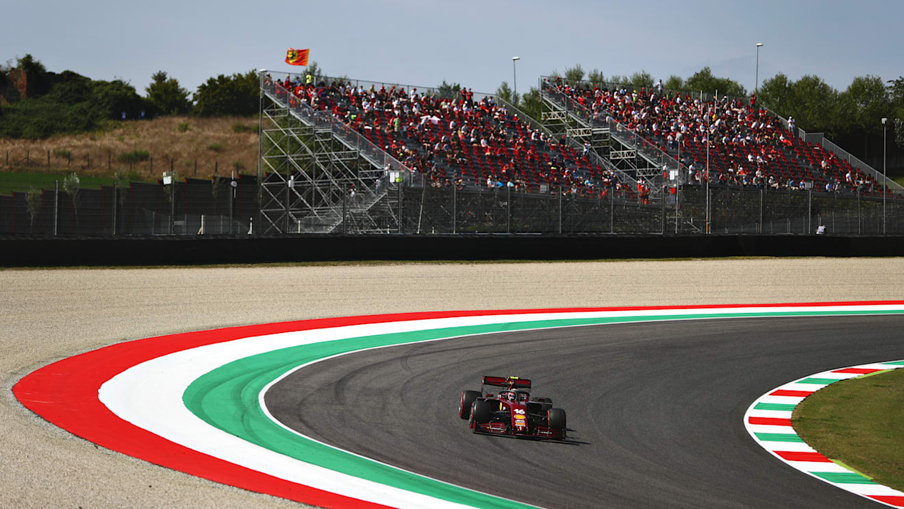 SCARPERIA, ITALY - SEPTEMBER 11: Charles Leclerc of Monaco driving the (16) Scuderia Ferrari SF1000 during practice ahead of the F1 Grand Prix of Tuscany at Mugello Circuit on September 11, 2020 in Scarperia, Italy. (Photo by Dan Istitene - Formula 1/Formula 1 via Getty Images)