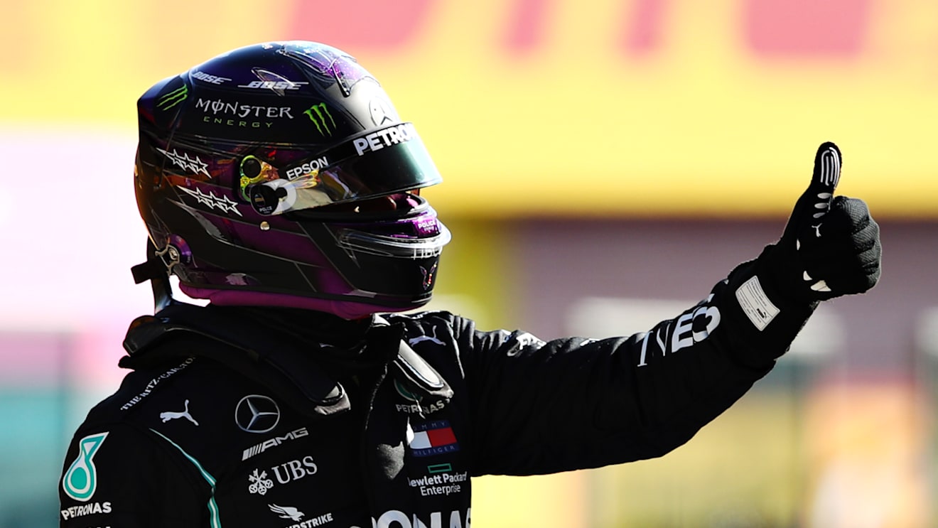 SCARPERIA, ITALY - SEPTEMBER 12: Pole position qualifier Lewis Hamilton of Great Britain and Mercedes GP celebrates in parc ferme during qualifying for the F1 Grand Prix of Tuscany at Mugello Circuit on September 12, 2020 in Scarperia, Italy. (Photo by Bryn Lennon/Getty Images)
