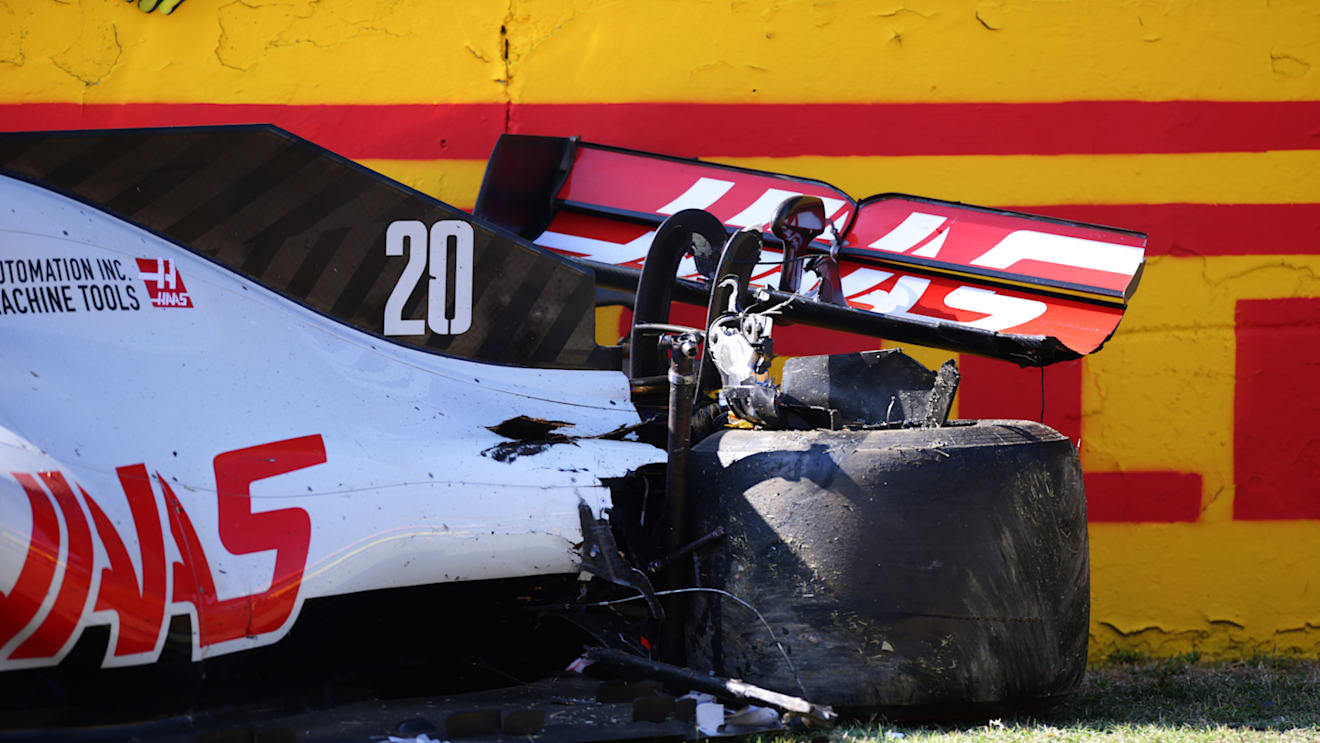 SCARPERIA, ITALY - SEPTEMBER 13: The broken car of Kevin Magnussen of Denmark driving the (20) Haas F1 Team VF-20 Ferrari is seen at the side of the track during the F1 Grand Prix of Tuscany at Mugello Circuit on September 13, 2020 in Scarperia, Italy. (Photo by Peter Fox/Getty Images)