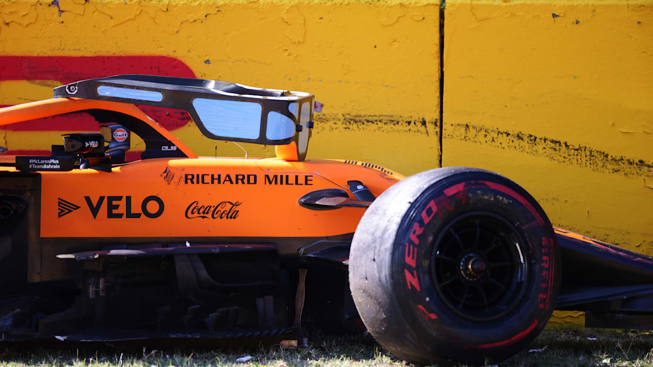 SCARPERIA, ITALY - SEPTEMBER 13: The broken car of Carlos Sainz of Spain driving the (55) McLaren F1 Team MCL35 Renault is seen at the side of the track during the F1 Grand Prix of Tuscany at Mugello Circuit on September 13, 2020 in Scarperia, Italy. (Photo by Peter Fox/Getty Images)