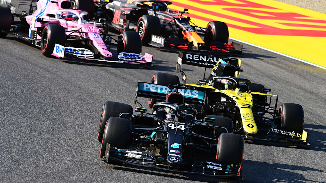 SCARPERIA, ITALY - SEPTEMBER 13: Lewis Hamilton of Great Britain driving the (44) Mercedes AMG Petronas F1 Team Mercedes W11 leads Daniel Ricciardo of Australia driving the (3) Renault Sport Formula One Team RS20 on track during the F1 Grand Prix of Tuscany at Mugello Circuit on September 13, 2020 in Scarperia, Italy. (Photo by Miguel Medina - Pool/Getty Images)