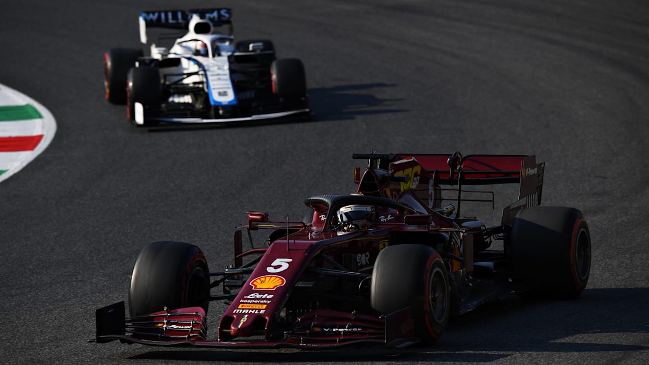 SCARPERIA, ITALY - SEPTEMBER 13: Sebastian Vettel of Germany driving the (5) Scuderia Ferrari SF1000 leads George Russell of Great Britain driving the (63) Williams Racing FW43 Mercedes during the F1 Grand Prix of Tuscany at Mugello Circuit on September 13, 2020 in Scarperia, Italy. (Photo by Clive Mason - Formula 1/Formula 1 via Getty Images)