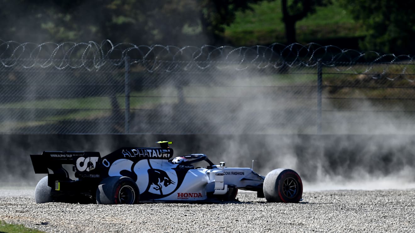 SCARPERIA, ITALY - SEPTEMBER 13: Pierre Gasly of France driving the (10) Scuderia AlphaTauri AT01 Honda stops in the gravel after a crash at the start during the F1 Grand Prix of Tuscany at Mugello Circuit on September 13, 2020 in Scarperia, Italy. (Photo by Clive Mason - Formula 1/Formula 1 via Getty Images)