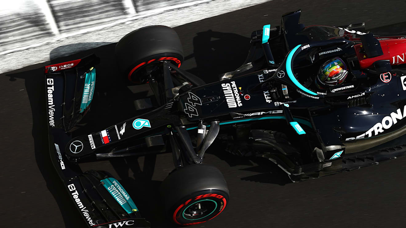 ABU DHABI, UNITED ARAB EMIRATES - DECEMBER 10: Lewis Hamilton of Great Britain driving the (44) Mercedes AMG Petronas F1 Team Mercedes W12 during practice ahead of the F1 Grand Prix of Abu Dhabi at Yas Marina Circuit on December 10, 2021 in Abu Dhabi, United Arab Emirates. (Photo by Dan Istitene - Formula 1/Formula 1 via Getty Images)